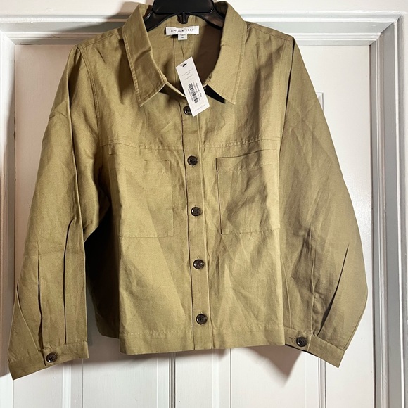 Amour Vert Genevieve jacket shirt in Elm olive green linen blend size XL - Picture 8 of 11